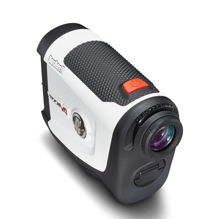 Tour V4 laser rangefinder by Bushnell Golf product photo angled. 
