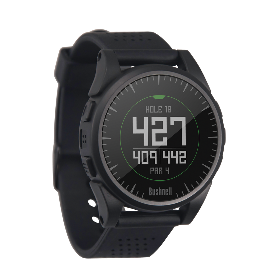 Excel Golf GPS Watch in Black Product Photo Displaying Hole 18 Distance to Pin