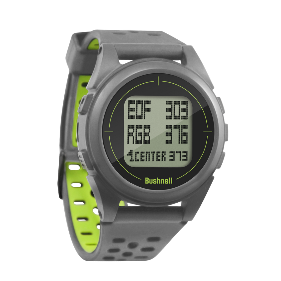 Bushnell Golf iON 2 GPS watch in silver/green on black background showcasing watch face options.