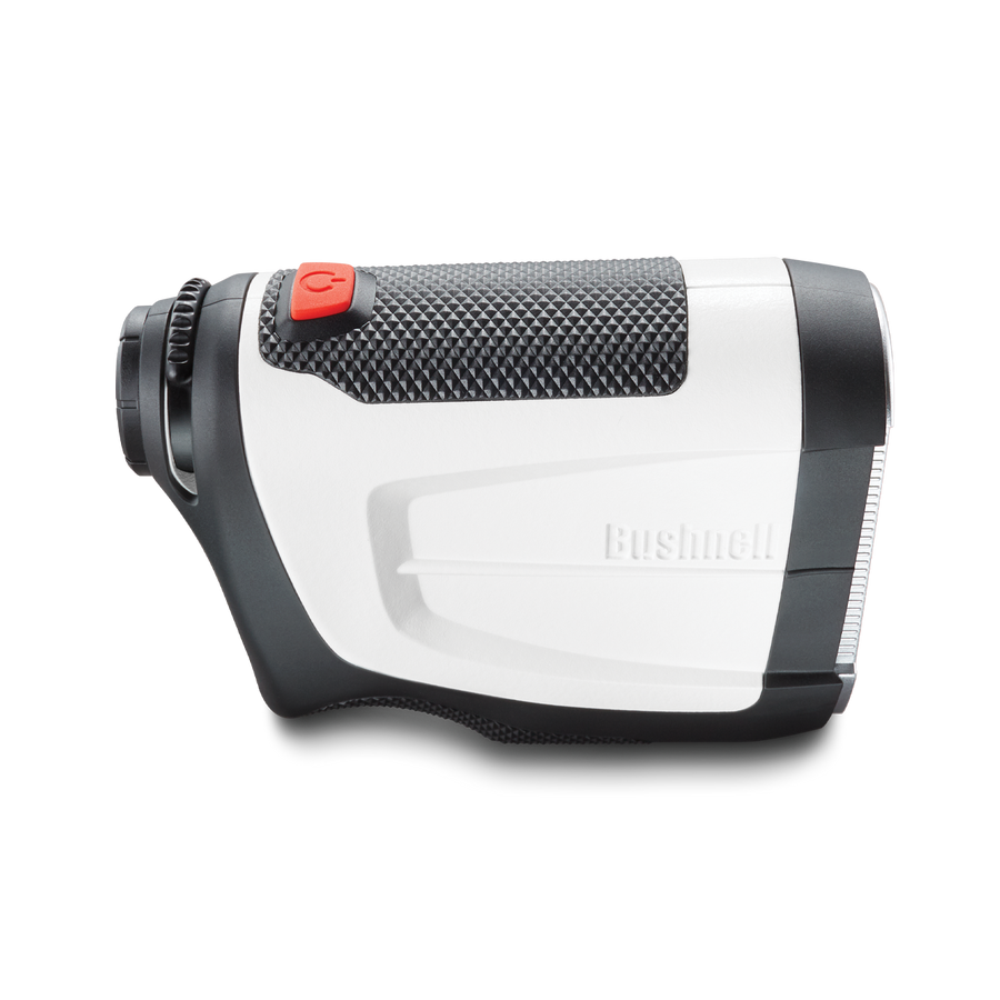 Tour V4 laser rangefinder by Bushnell Golf product photo from side on white background. 
