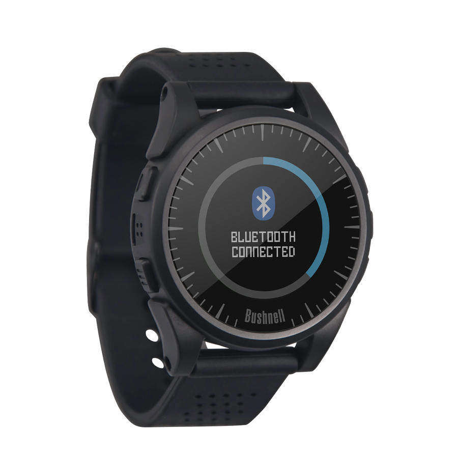 Bushnell Golf Excel GPS watch with Bluetooth connection on watch face. 