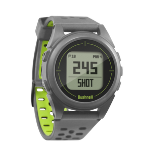Bushnell Golf iON 2 GPS watch in silver/green on white background showcasing shot distance.