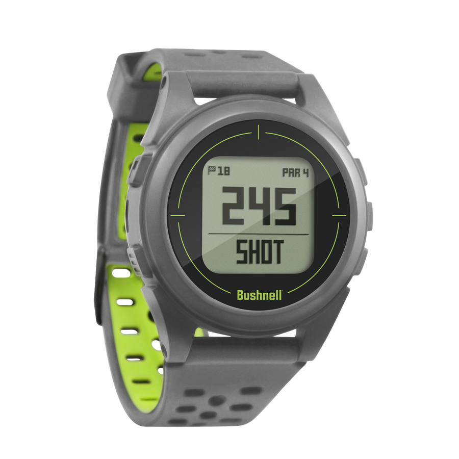 Bushnell Golf iON 2 GPS watch in silver/green on white background showcasing shot distance.