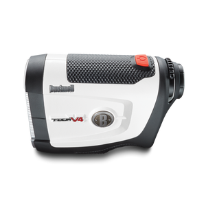 Tour V4 laser rangefinder by Bushnell Golf side shot on white background. 