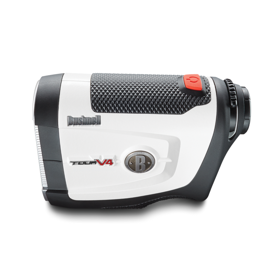 Tour V4 laser rangefinder by Bushnell Golf side shot on white background. 