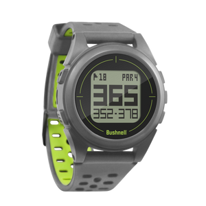 Bushnell Golf iON 2 GPS watch in silver/green on white background. 