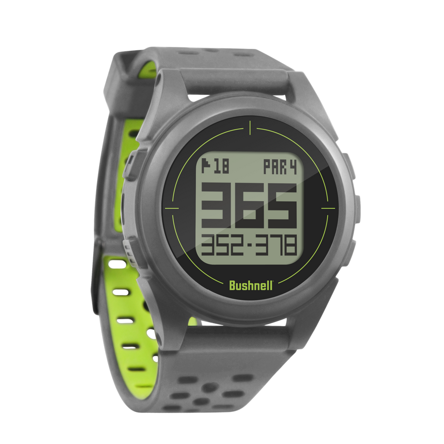 Bushnell Golf iON 2 GPS watch in silver/green on white background. 