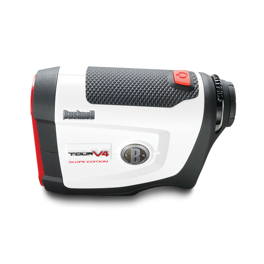 Bushnell Golf Tour V4 Shift laser rangefinder product photo from left side. 