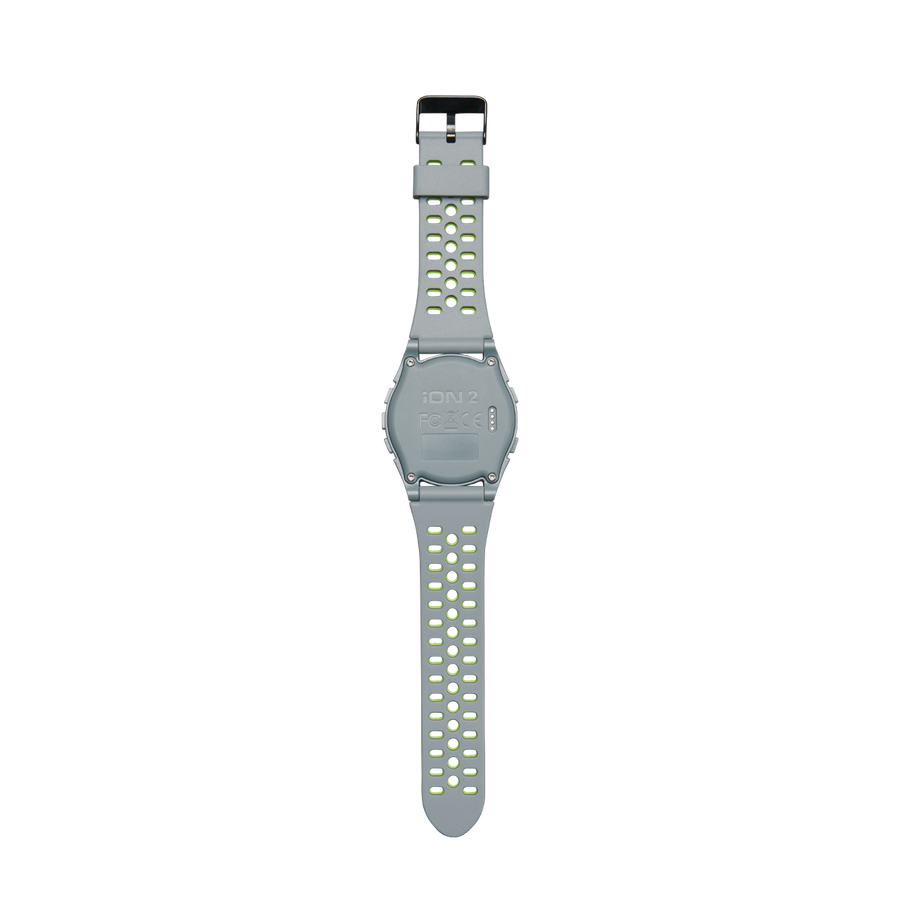 iON2 Force GPS watch back in silver and neon green. 
