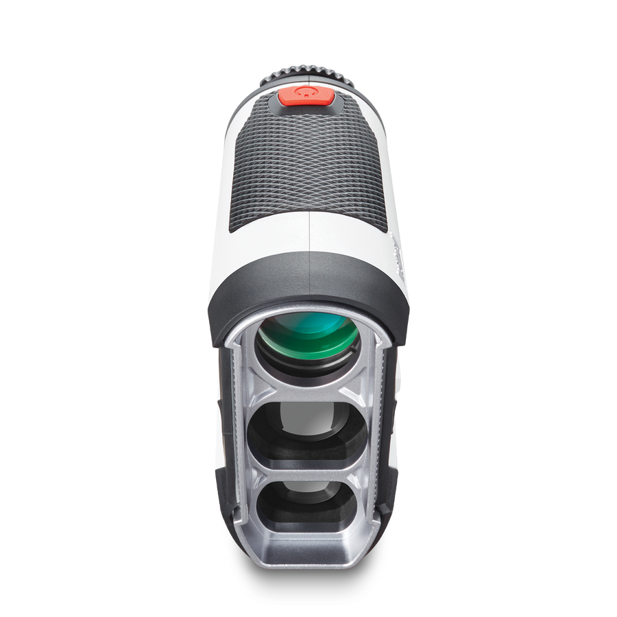 Tour V4 laser rangefinder by Bushnell Golf product photo from back on white background. 