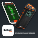 Graphic showing Wingman View with Bushnell Golf App on mobile phone with text, Bluetooth connectivity to the Bushnell Golf App for useful information