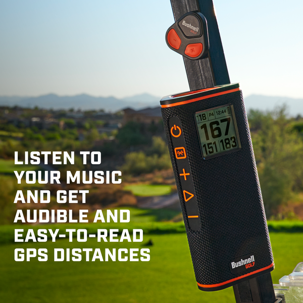 Wingman View and Remote on cart bar with text, listen to your music and get audible and easy-to-read GPS distances