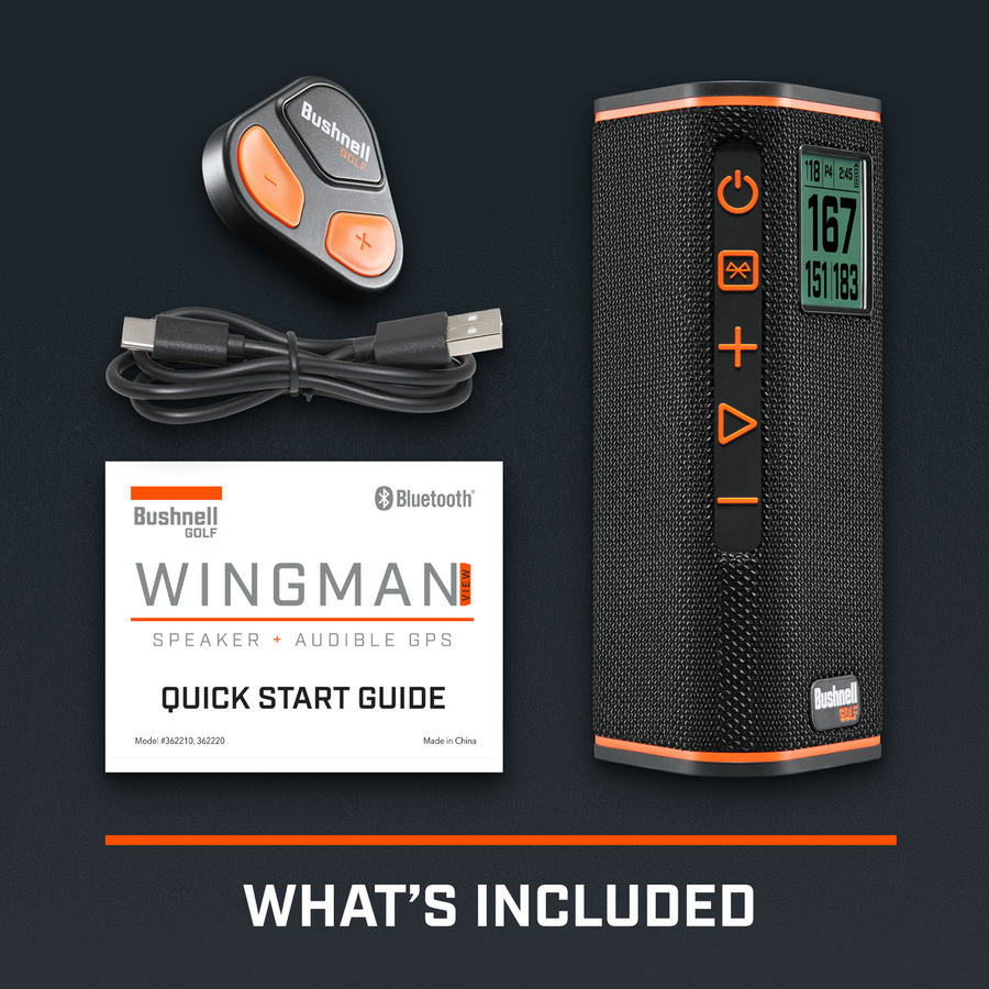 Graphic showing Wingman View, Remote, USB-C Cable, and Quick Start Guide with text, what's included