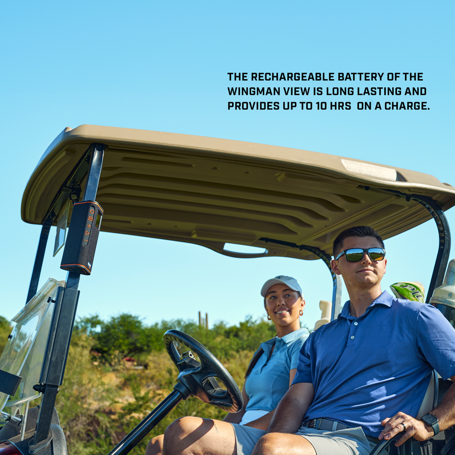 Golfers with Wingman View on cart bar with text, the rechargeable battery of the Wingman View is long lasting and provides up to 10 hours on a charge