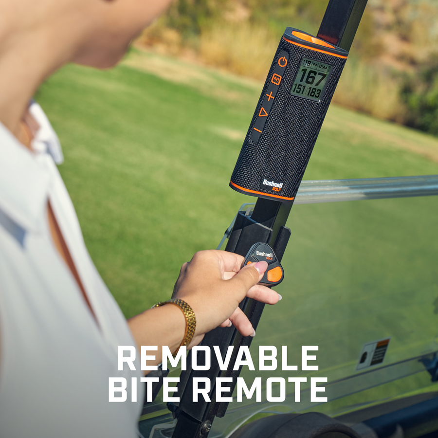 Golfer pressing button on Wingman View Remote with text, Removable BITE Remote