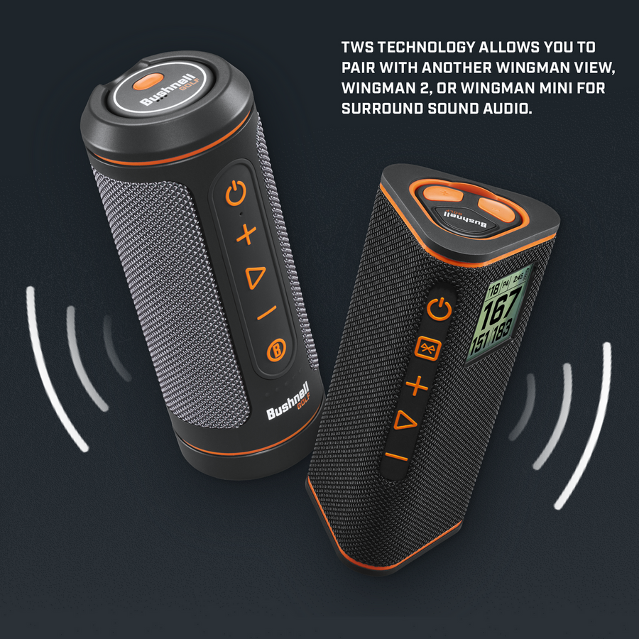 Graphic showing Wingman View and Wingman 2 with text, TWS technology allows you to pair with another Wingman View, Wingman 2, or Wingman Mini for surround sound audio