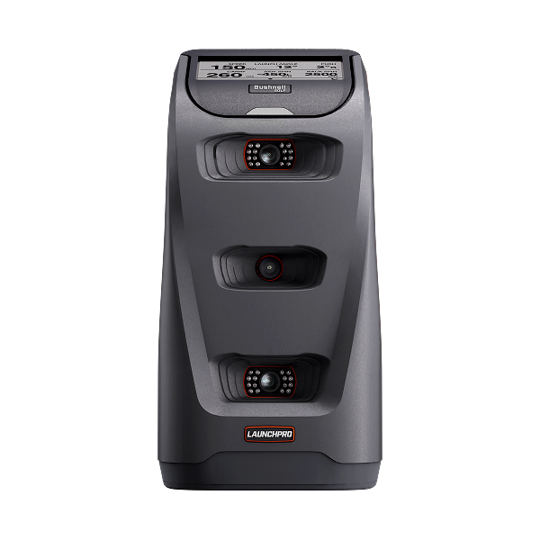 A dark gray, rectangular golf launch monitor standing upright. It has three camera windows, "Bushnell" near the top, and "LPi" at the bottom.