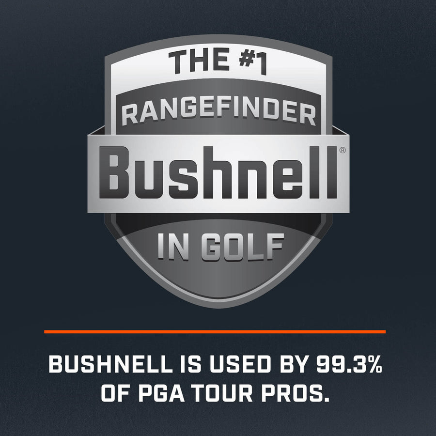Tour V4 laser rangefinder by Bushnell Golf graphic of #1 rangefinder in golf, used by 99.3% of PGA tour pros.