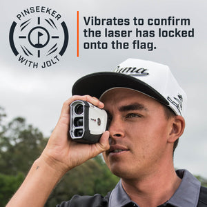 Tour V4 laser rangefinder by Bushnell Golf demonstration photo of pinseeker with jolt.