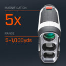 Tour V4 laser rangefinder by Bushnell Golf demonstration photo of 5x magnification.