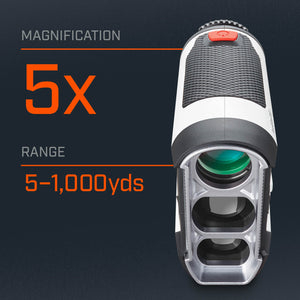 Tour V4 laser rangefinder by Bushnell Golf demonstration photo of 5x magnification.