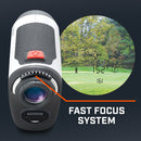 Bushnell Golf Tour V4 Shift laser rangefinder demonstration photo of fast focus system.