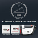 Bushnell Golf Tour V4 Shift laser rangefinder graphic and demonstration of slope switch.