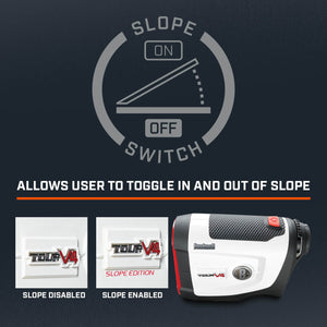 Bushnell Golf Tour V4 Shift laser rangefinder graphic and demonstration of slope switch.