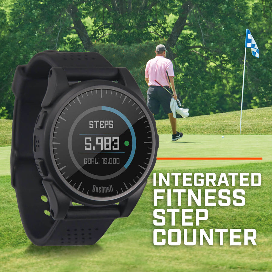 Bushnell Golf Excel GPS watch demonstration of integrated fitness step counter.