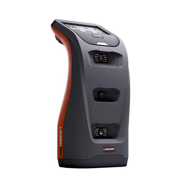An angled view of the gray "LAUNCH PRO" golf launch monitor. It has an orange side grip, a top screen, and three camera windows on the front.