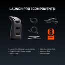 Launch Pro i Components. Includes the launch monitor, power adapter, USB-C, Ethernet cable, 48pc club marker pack, and alignment stick.