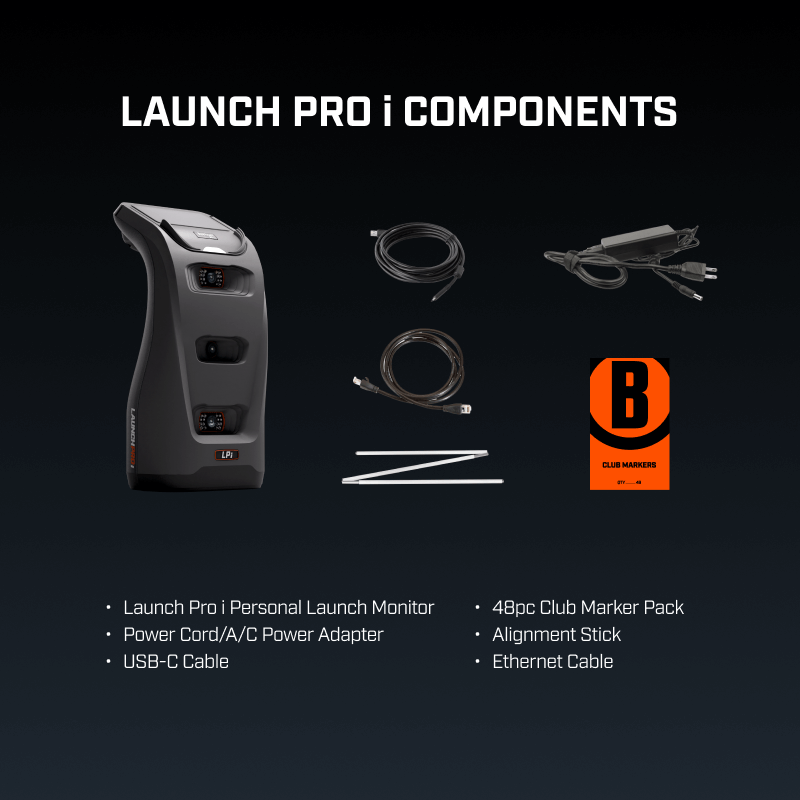 Launch Pro i Components. Includes the launch monitor, power adapter, USB-C, Ethernet cable, 48pc club marker pack, and alignment stick.