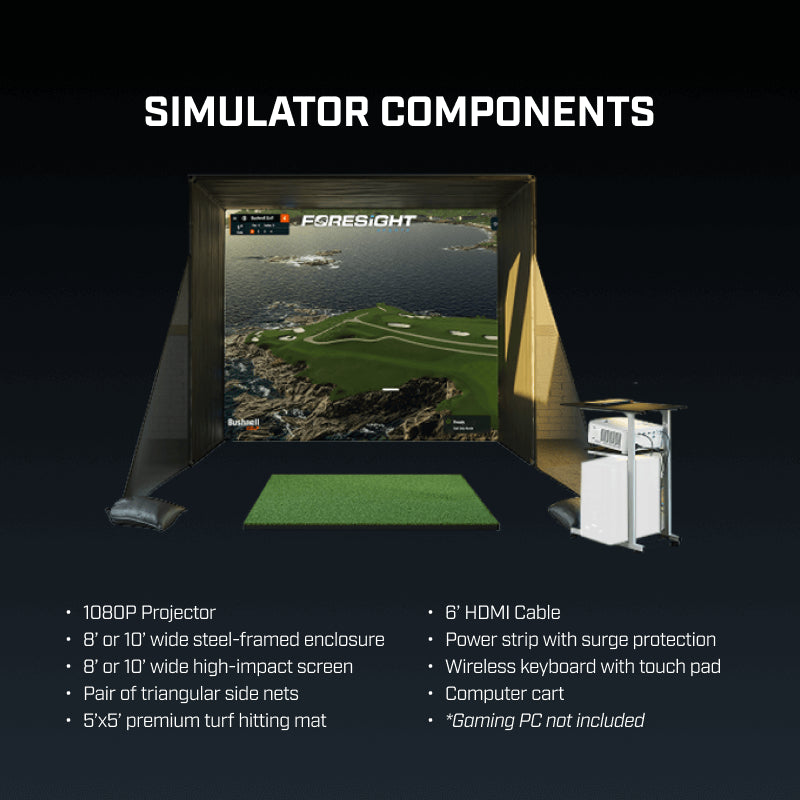 Full Golf Simulator Components: Enclosure, screen, projector, turf mat, computer cart, keyboard, and cables.