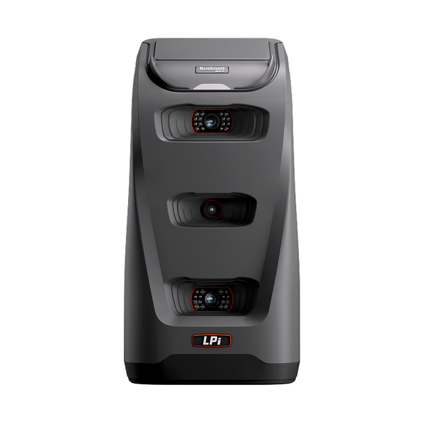 Front view of Bushnell Golf LPi launch monitor with triple-camera system for precise ball and club tracking.