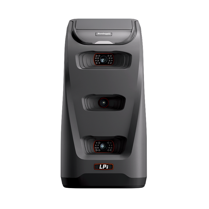 Front view of Bushnell Golf LPi launch monitor with triple-camera system for precise ball and club tracking.