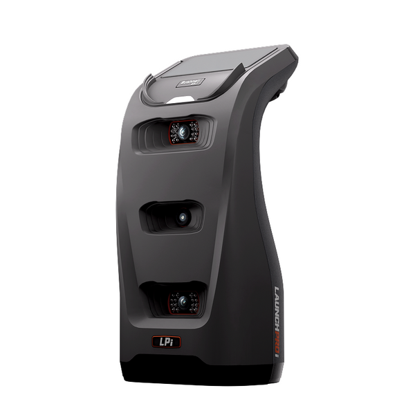 Angled view of Bushnell Golf LPi launch monitor featuring triple cameras and sleek black design for advanced shot tracking.