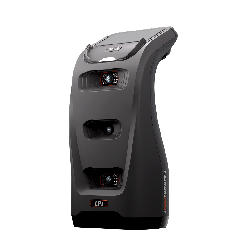 Angled view of Bushnell Golf LPi launch monitor featuring triple cameras and sleek black design for advanced shot tracking.