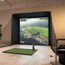 indoor golf simulator setup showing realistic course graphics.