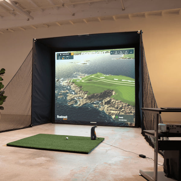 indoor golf simulator setup showing realistic course graphics.