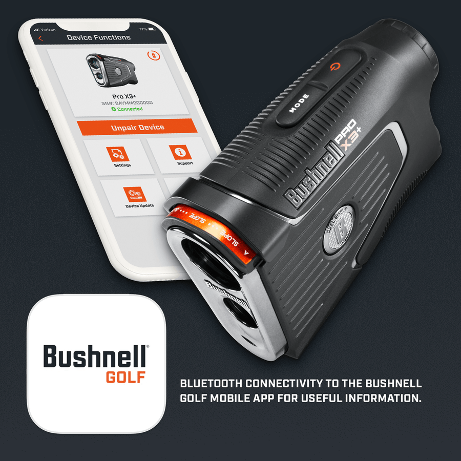 Graphic of Bushnell Golf App with Pro X3+ LINK Laser Rangefinder.