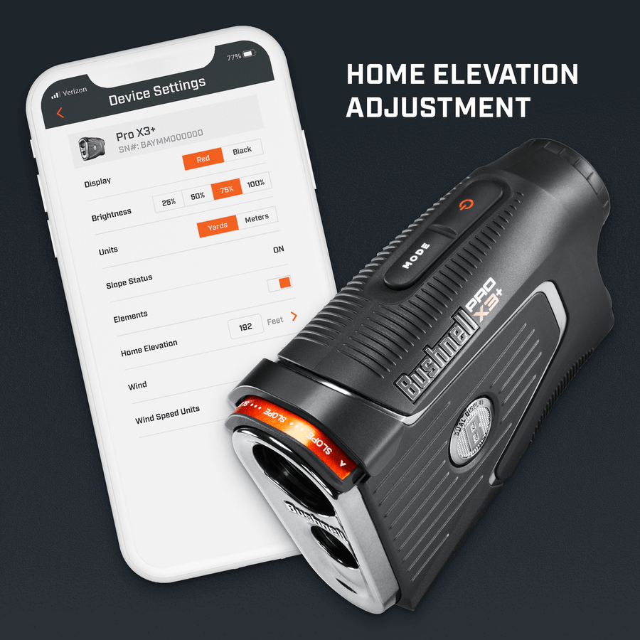 Graphic with Pro X3+ LINK Laser Rangefinder showing the Home Elevation Adjustment on a phone in the Bushnell Golf App.