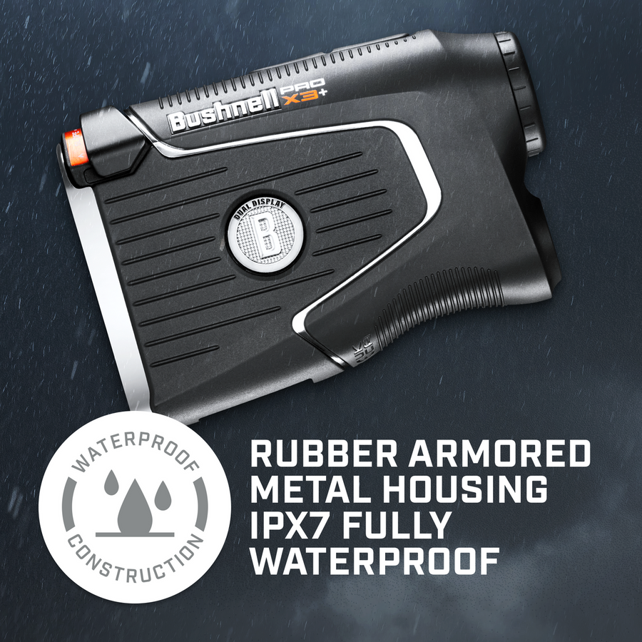 Graphic of Pro X3+ LINK Laser Rangefinder showing IPX7 Fully Waterproof construction.