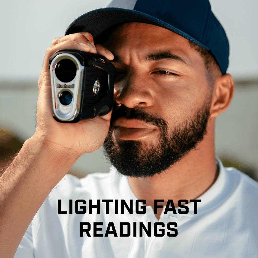 Golfer holding Pro X3+ LINK Laser Rangefinder getting lightening fast readings.