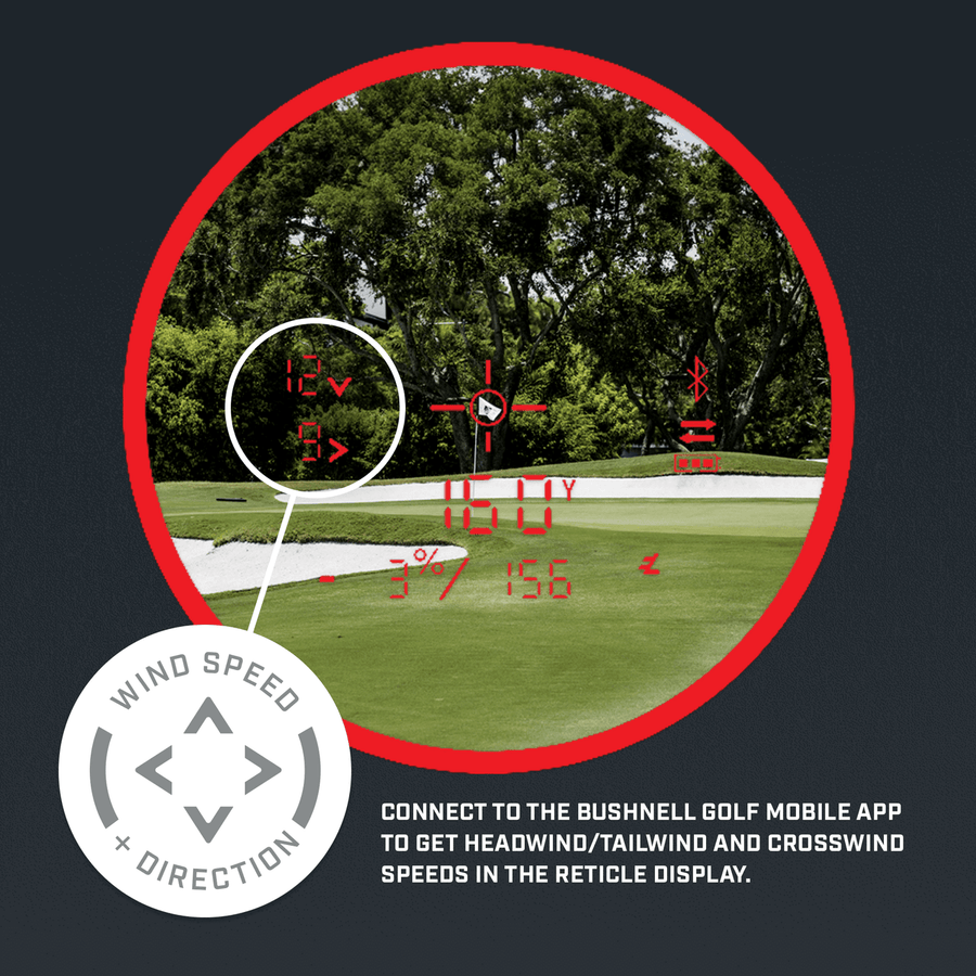 Graphic of Pro X3+ LINK Laser Rangefinder reticle showing wind speed and direction.