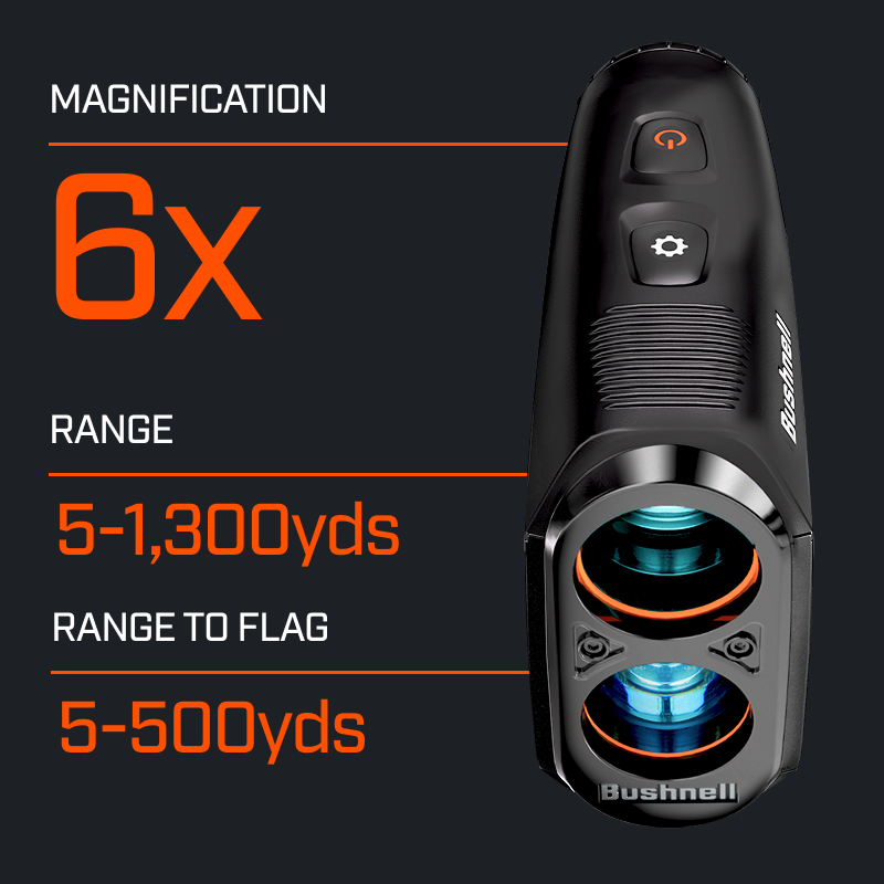 The Bushnell Golf Tour V7 Shift provides 6x magnification with a powerful laser range capability from 5 to 1,300 yards and accurate flag detection from 5 to 500 yards.
