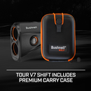 The Bushnell Golf Tour V7 Shift comes with a premium protective carry case designed for convenient storage and easy access on the course.