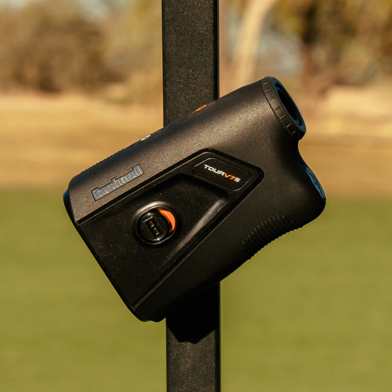 The Bushnell Golf Tour V7 Shift easily attaches to your golf cart with its integrated magnetic mount, keeping precise yardage within quick reach during every shot.
