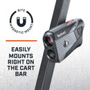 Tour V5 laser rangefinder by Bushnell Golf demonstration photo of BITE magnetic mount.