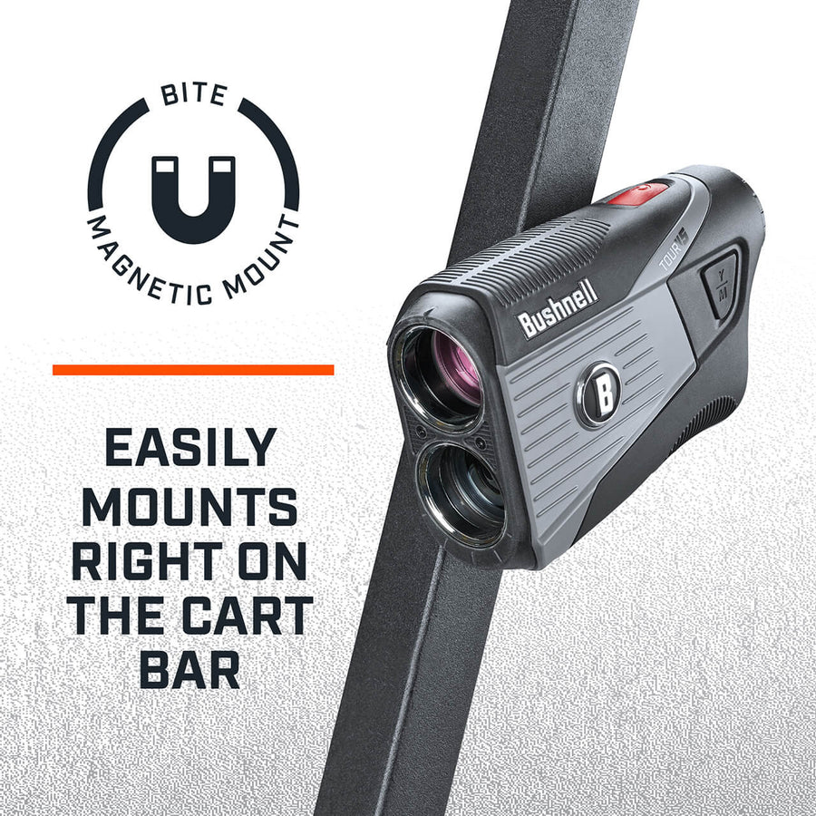 Tour V5 laser rangefinder by Bushnell Golf demonstration photo of BITE magnetic mount.