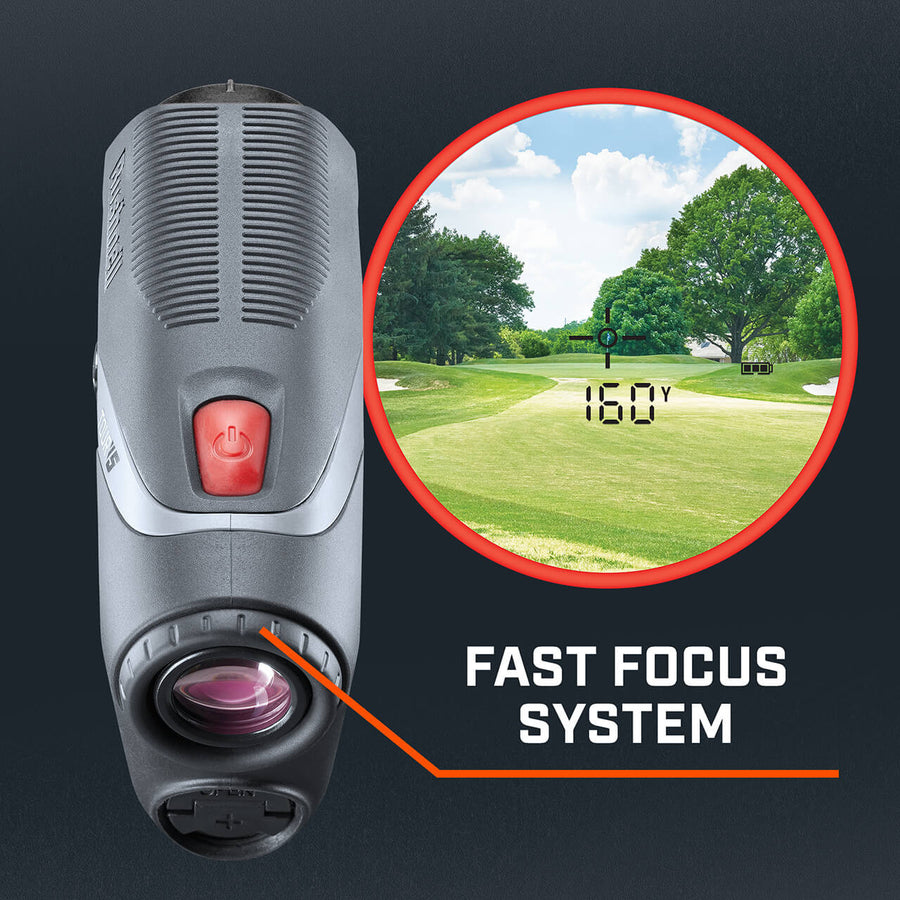 Tour V5 laser rangefinder by Bushnell Golf demonstration photo of fast focus system.